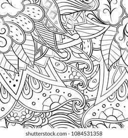 Tracery seamless pattern. Mehndi design. Ethnic monochrome binary doodle texture. Curved doodling black and white background. Vector