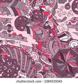 Tracery seamless pattern. Mehndi design. Ethnic colorful doodle texture. Curved doodling background. Vector