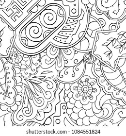 Tracery seamless pattern. Mehndi design. Ethnic monochrome binary doodle texture. Curved doodling black and white background. Vector