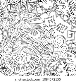 Tracery seamless pattern. Mehndi design. Ethnic monochrome binary doodle texture. Curved doodling black and white background. Vector