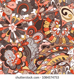 Tracery seamless pattern. Mehndi design. Ethnic colorful doodle texture. Curved doodling background. Vector