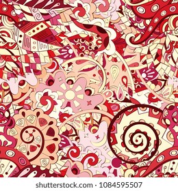 Tracery seamless pattern. Mehndi design. Ethnic colorful doodle texture. Curved doodling background. Vector