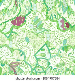 Tracery seamless pattern. Mehndi design. Ethnic colorful doodle texture. Curved doodling background. Vector