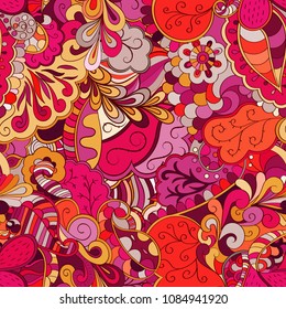 Tracery seamless pattern. Mehndi design. Ethnic colorful doodle texture. Curved doodling background. Vector