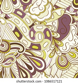 Tracery seamless pattern. Mehndi design. Ethnic colorful doodle texture. Curved doodling background. Vector