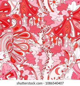 Tracery seamless pattern. Mehndi design. Ethnic colorful doodle texture. Curved doodling background. Vector