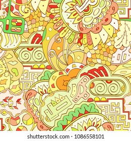 Tracery seamless pattern. Mehndi design. Ethnic colorful doodle texture. Curved doodling background. Vector