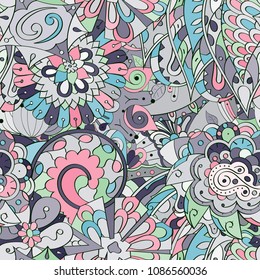 Tracery seamless pattern. Mehndi design. Ethnic colorful doodle texture. Curved doodling background. Vector