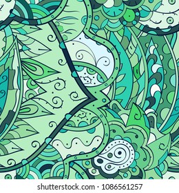 Tracery seamless pattern. Mehndi design. Ethnic colorful doodle texture. Curved doodling background. Vector