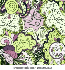 Tracery seamless pattern. Mehndi design. Ethnic colorful doodle texture. Curved doodling background. Vector
