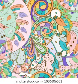 Tracery seamless pattern. Mehndi design. Ethnic colorful doodle texture. Curved doodling background. Vector