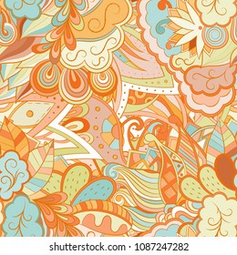 Tracery seamless pattern. Mehndi design. Ethnic colorful doodle texture. Curved doodling background. Vector