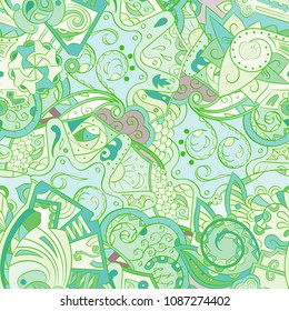 Tracery seamless pattern. Mehndi design. Ethnic colorful doodle texture. Curved doodling background. Vector