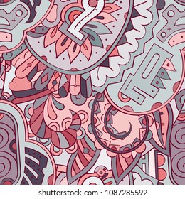 Tracery seamless pattern. Mehndi design. Ethnic colorful doodle texture. Curved doodling background. Vector