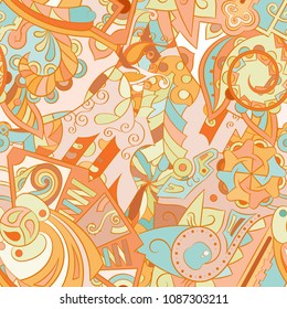 Tracery seamless pattern. Mehndi design. Ethnic colorful doodle texture. Curved doodling background. Vector