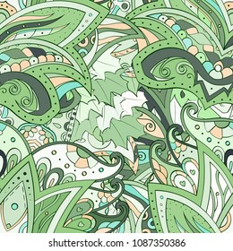 Tracery seamless pattern. Mehndi design. Ethnic colorful doodle texture. Curved doodling background. Vector