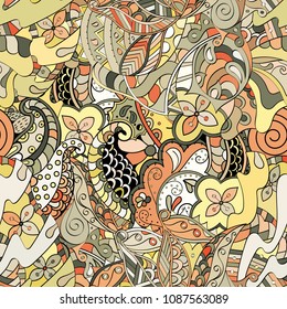 Tracery seamless pattern. Mehndi design. Ethnic colorful doodle texture. Curved doodling background. Vector