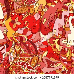 Tracery seamless pattern. Mehndi design. Ethnic colorful doodle texture. Curved doodling background. Vector