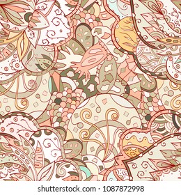 Tracery seamless pattern. Mehndi design. Ethnic colorful doodle texture. Curved doodling background. Vector