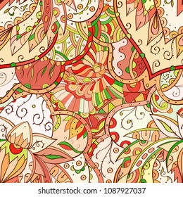 Tracery seamless pattern. Mehndi design. Ethnic colorful doodle texture. Curved doodling background. Vector