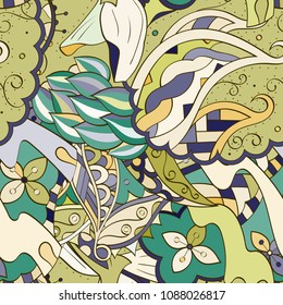 Tracery seamless pattern. Mehndi design. Ethnic colorful doodle texture. Curved doodling background. Vector