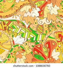 Tracery seamless pattern. Mehndi design. Ethnic colorful doodle texture. Curved doodling background. Vector