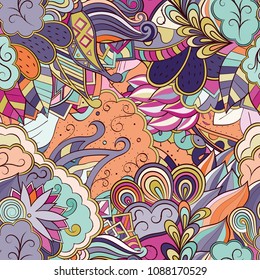 Tracery seamless pattern. Mehndi design. Ethnic colorful doodle texture. Curved doodling background. Vector