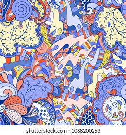 Tracery seamless pattern. Mehndi design. Ethnic colorful doodle texture. Curved doodling background. Vector