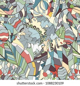Tracery seamless pattern. Mehndi design. Ethnic colorful doodle texture. Curved doodling background. Vector