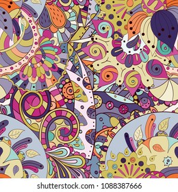 Tracery seamless pattern. Mehndi design. Ethnic colorful doodle texture. Curved doodling background. Vector