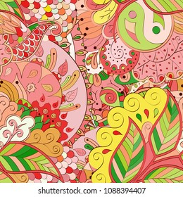 Tracery seamless pattern. Mehndi design. Ethnic colorful doodle texture. Curved doodling background. Vector