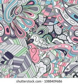 Tracery seamless pattern. Mehndi design. Ethnic colorful doodle texture. Curved doodling background. Vector