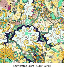 Tracery seamless pattern. Mehndi design. Ethnic colorful doodle texture. Curved doodling background. Vector