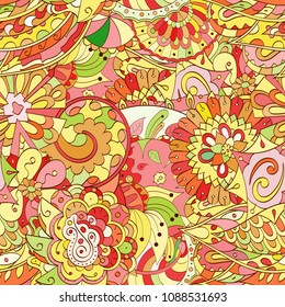 Tracery seamless pattern. Mehndi design. Ethnic colorful doodle texture. Curved doodling background. Vector