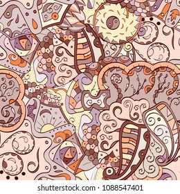 Tracery seamless pattern. Mehndi design. Ethnic colorful doodle texture. Curved doodling background. Vector