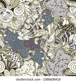 Tracery seamless pattern. Mehndi design. Ethnic colorful doodle texture. Curved doodling background. Vector