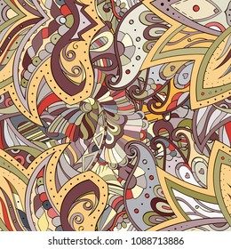 Tracery seamless pattern. Mehndi design. Ethnic colorful doodle texture. Curved doodling background. Vector