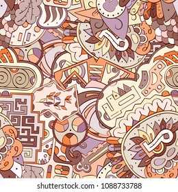 Tracery seamless pattern. Mehndi design. Ethnic colorful doodle texture. Curved doodling background. Vector