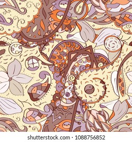 Tracery seamless pattern. Mehndi design. Ethnic colorful doodle texture. Curved doodling background. Vector