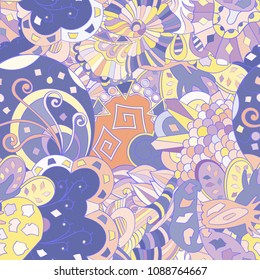 Tracery seamless pattern. Mehndi design. Ethnic colorful doodle texture. Curved doodling background. Vector