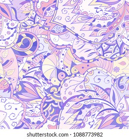Tracery seamless pattern. Mehndi design. Ethnic colorful doodle texture. Curved doodling background. Vector