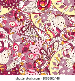 Tracery seamless pattern. Mehndi design. Ethnic colorful doodle texture. Curved doodling background. Vector