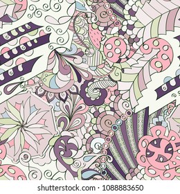 Tracery seamless pattern. Mehndi design. Ethnic colorful doodle texture. Curved doodling background. Vector
