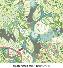 Tracery seamless pattern. Mehndi design. Ethnic colorful doodle texture. Curved doodling background. Vector