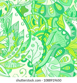 Tracery seamless pattern. Mehndi design. Ethnic colorful doodle texture. Curved doodling background. Vector
