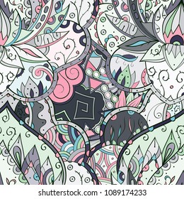 Tracery seamless pattern. Mehndi design. Ethnic colorful doodle texture. Curved doodling background. Vector