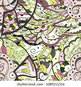 Tracery seamless pattern. Mehndi design. Ethnic colorful doodle texture. Curved doodling background. Vector