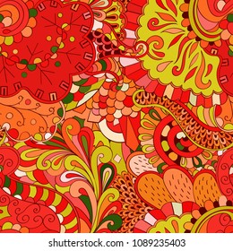 Tracery seamless pattern. Mehndi design. Ethnic colorful doodle texture. Curved doodling background. Vector