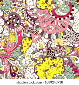 Tracery seamless pattern. Mehndi design. Ethnic colorful doodle texture. Curved doodling background. Vector