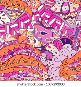 Tracery seamless pattern. Mehndi design. Ethnic colorful doodle texture. Curved doodling background. Vector